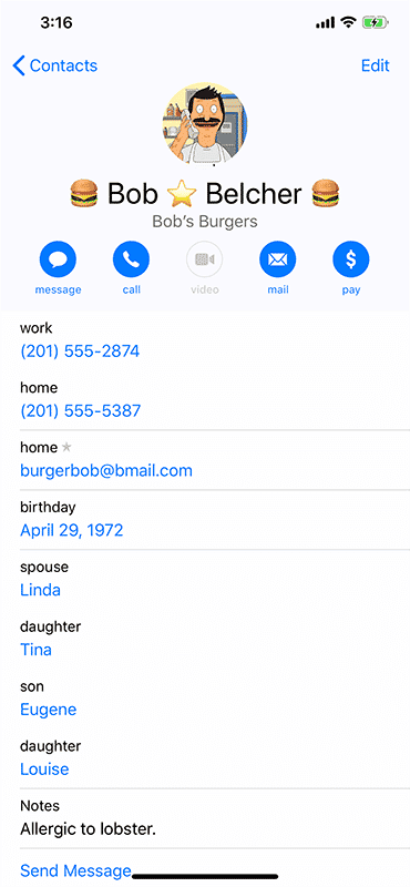 iOS Contact Screen for Bob Belcher of Bob's Burgers