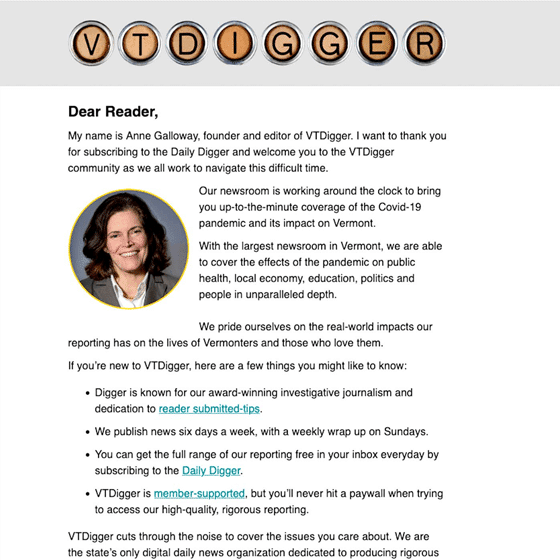 VT Digger Welcome Email 2018