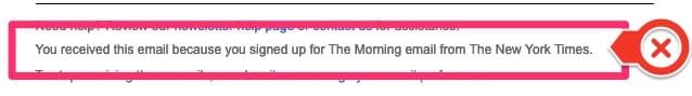 An excerpt from the footer of the welcome email that reads "You received this email because you signed up for The Morning email from The New York Times."