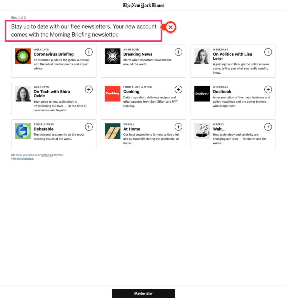 Screenshot of the New York Times newsletter signup page. Highlighted at the top is the text "Stay up to date with our free newsletters. Your new account comes with the Morning Briefing newsletter."