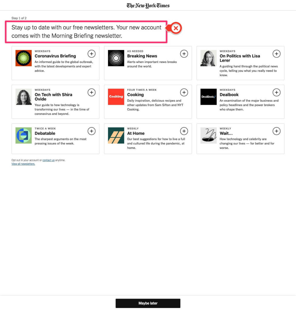 Screenshot of the New York Times newsletter signup page. Highlighted at the top is the text "Stay up to date with our free newsletters. Your new account comes with the Morning Briefing newsletter."