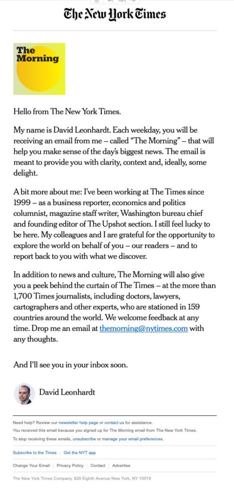 A welcome email from the New York Times