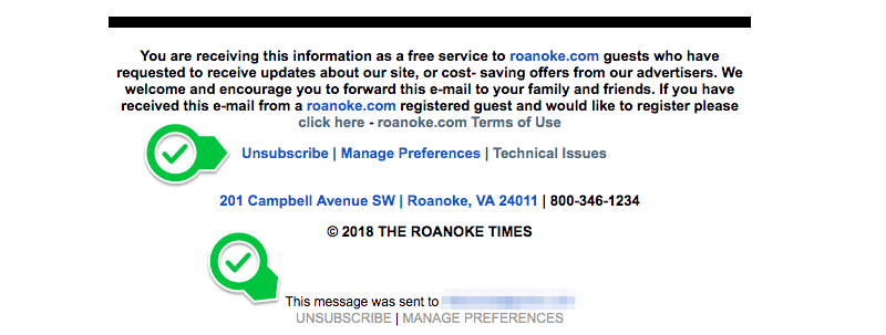 Full text of this screenshot is below the image. Newsletter unsubscribe example from Roanoke Times in Roanoke, VA.