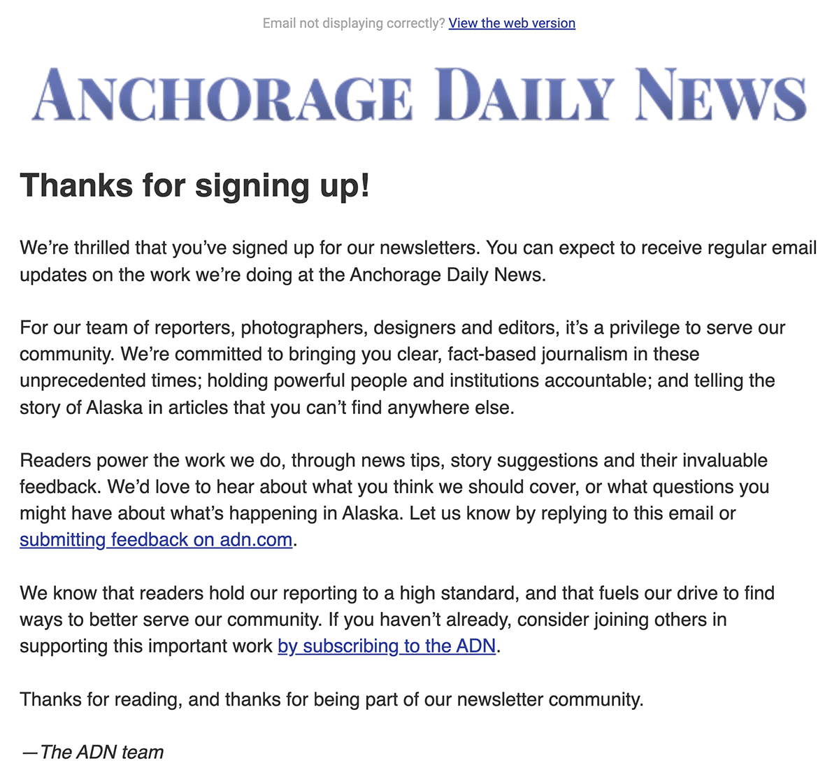 Anchorage Daily News Welcome Email 2022