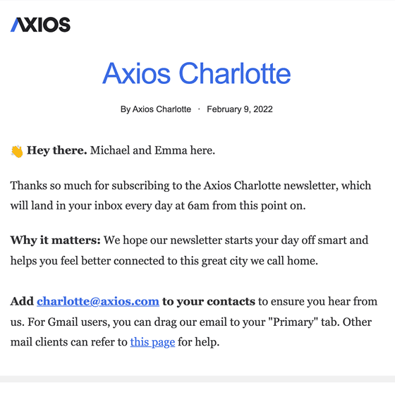 Axios Charlotte Welcome Email 2022