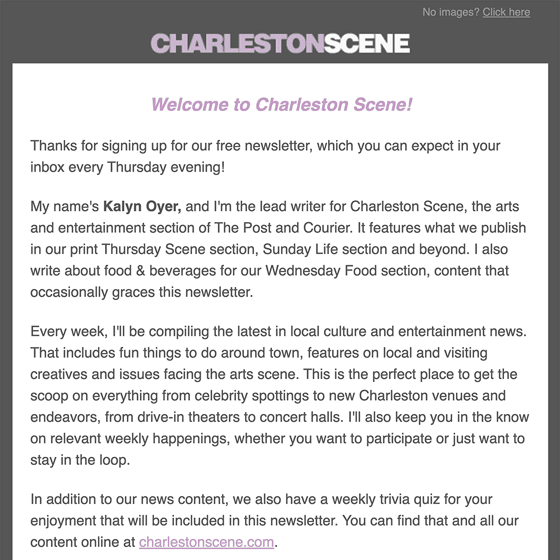 Charleston Scene Welcome Email 2022