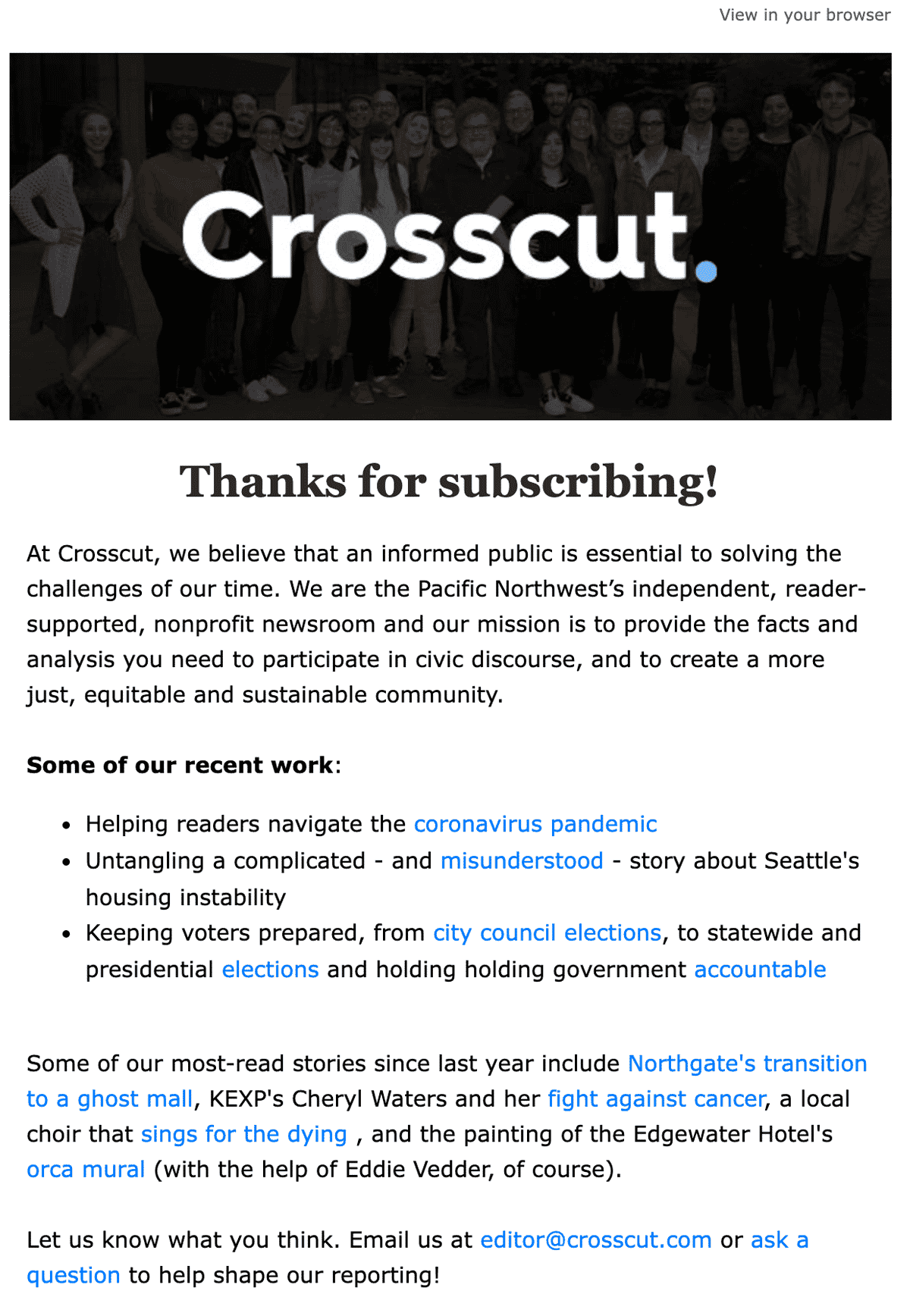 Crosscut Welcome Email 2022