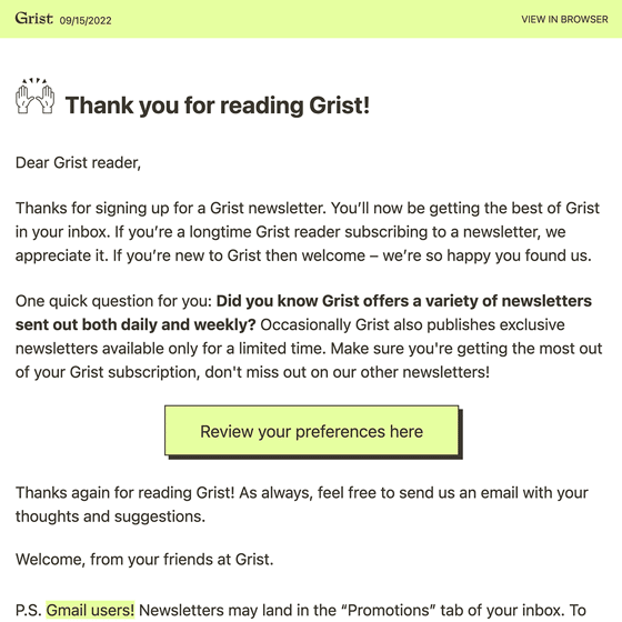 Grist Welcome Email 2022