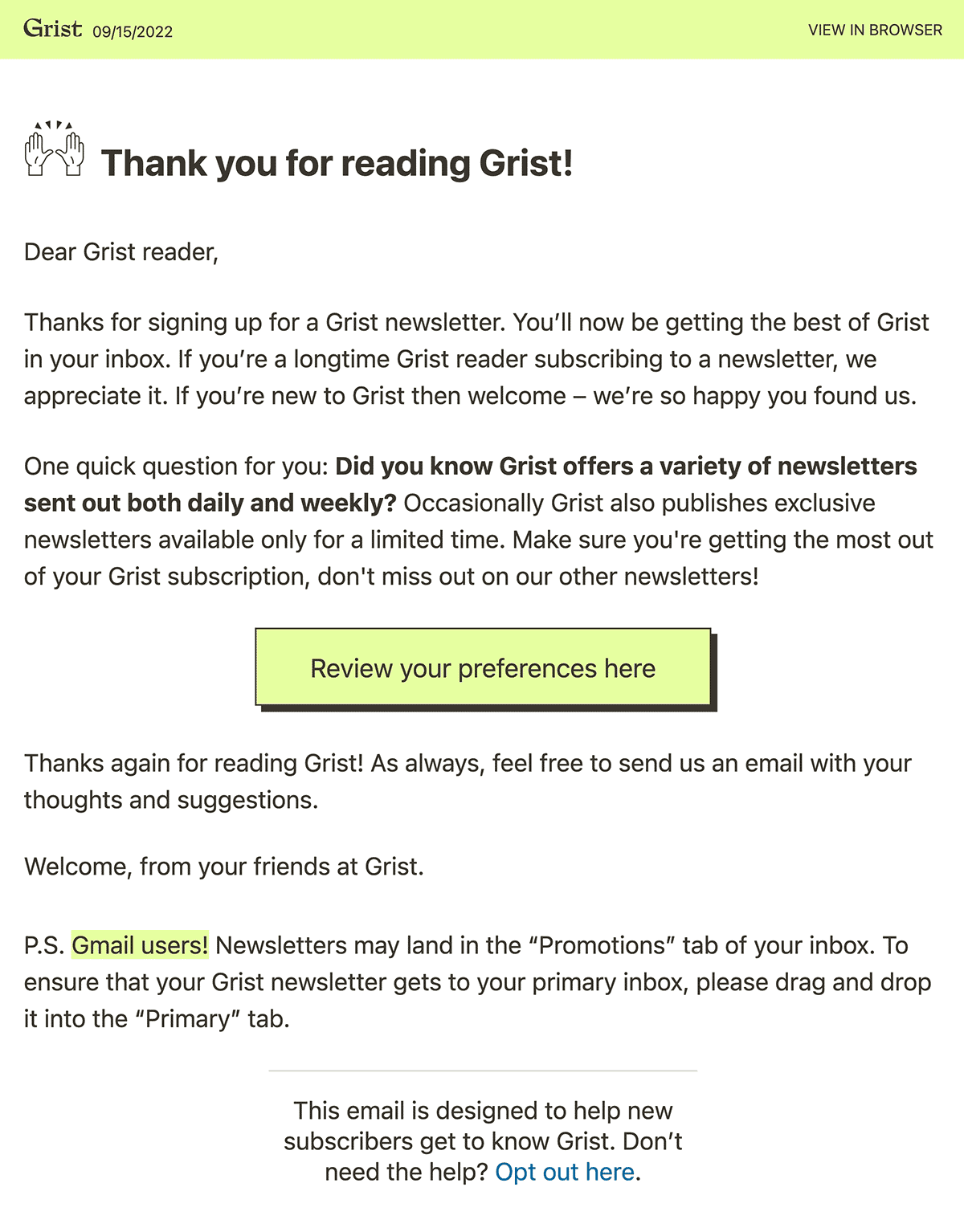 Grist Welcome Email 2022