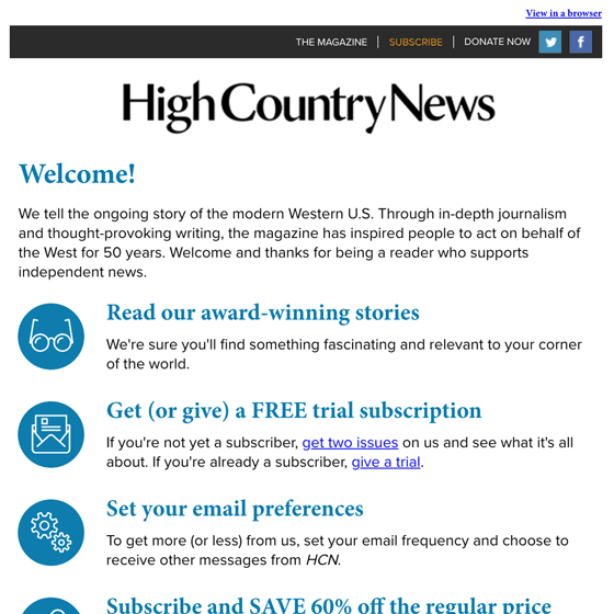 High Country News Welcome Email 2022