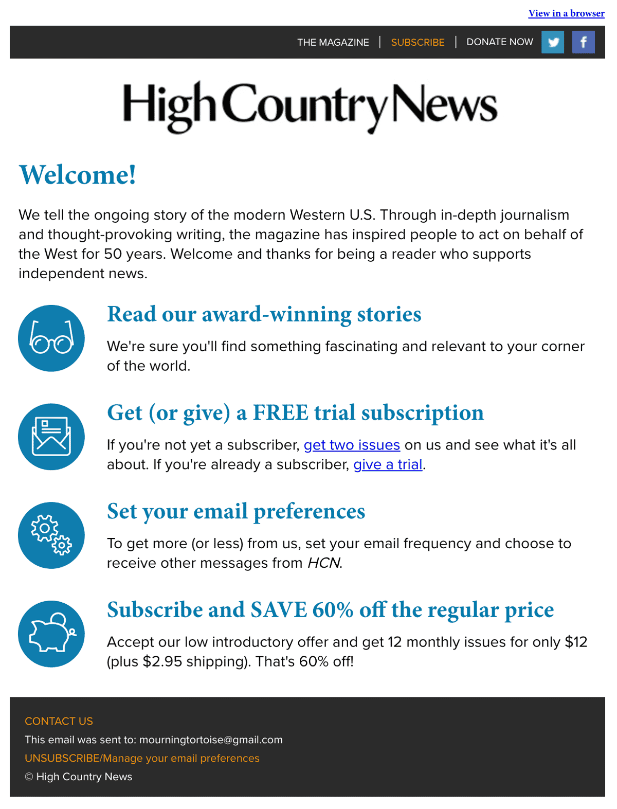 High Country News Welcome Email 2022