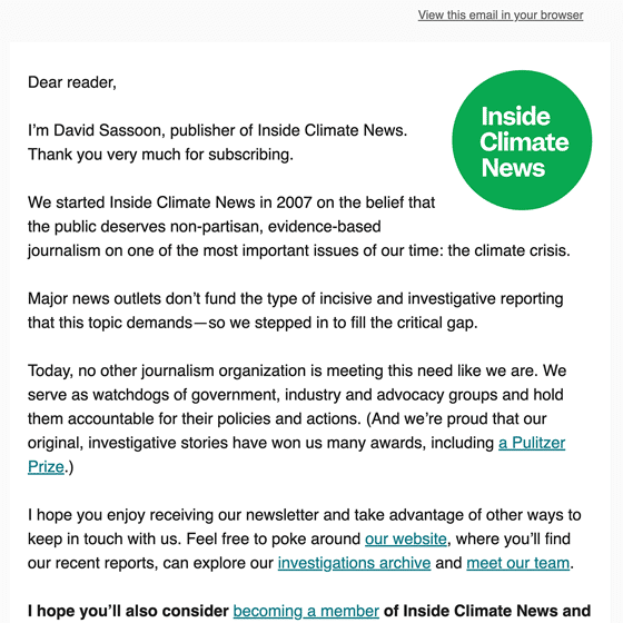 Inside Climate News Welcome Email 2022