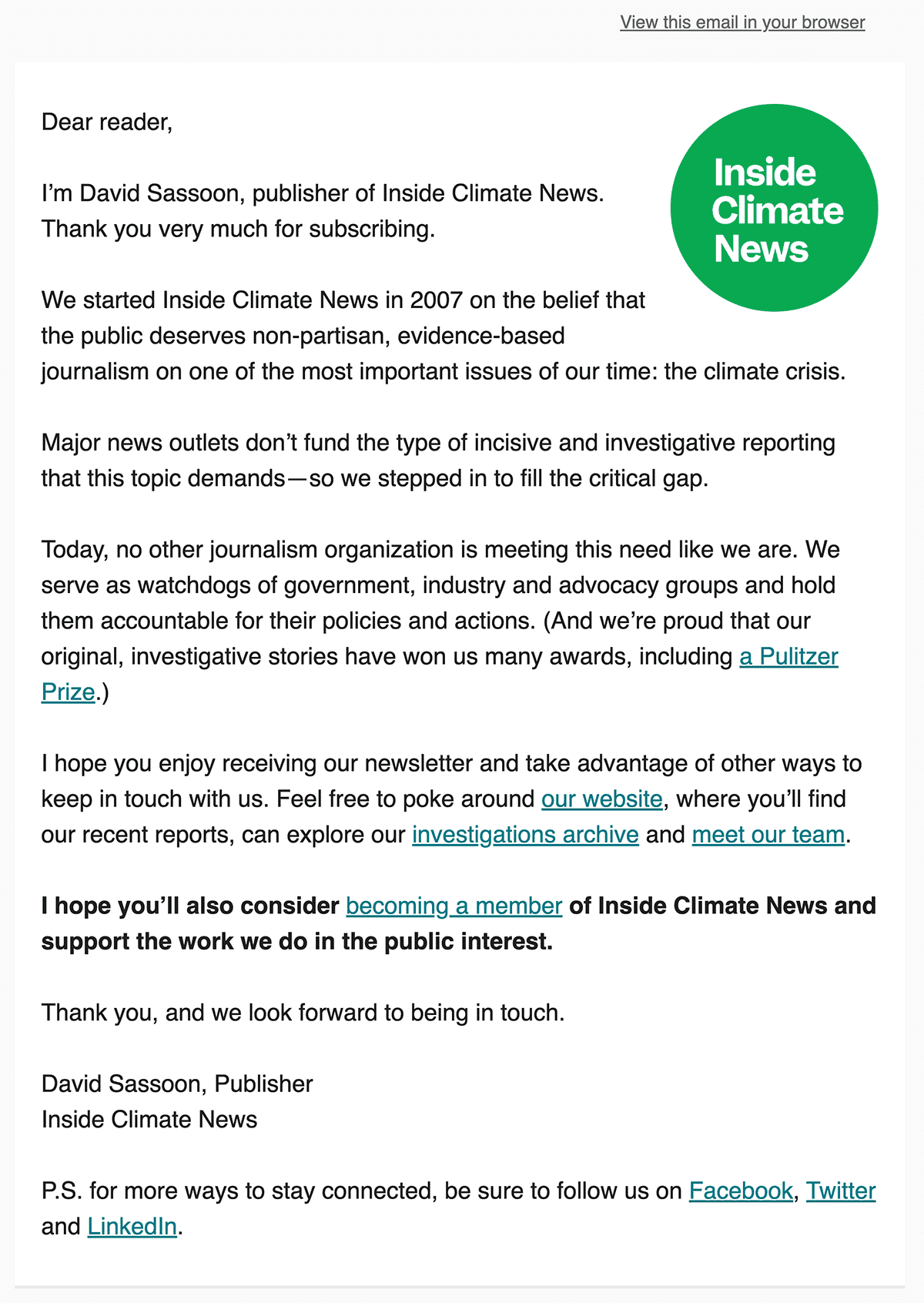 Inside Climate News Welcome Email 2022