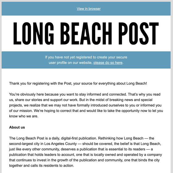 Long Beach Post Welcome Email 2022