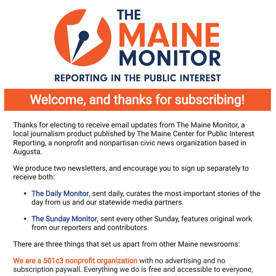 Maine Monitor Welcome Email 2022