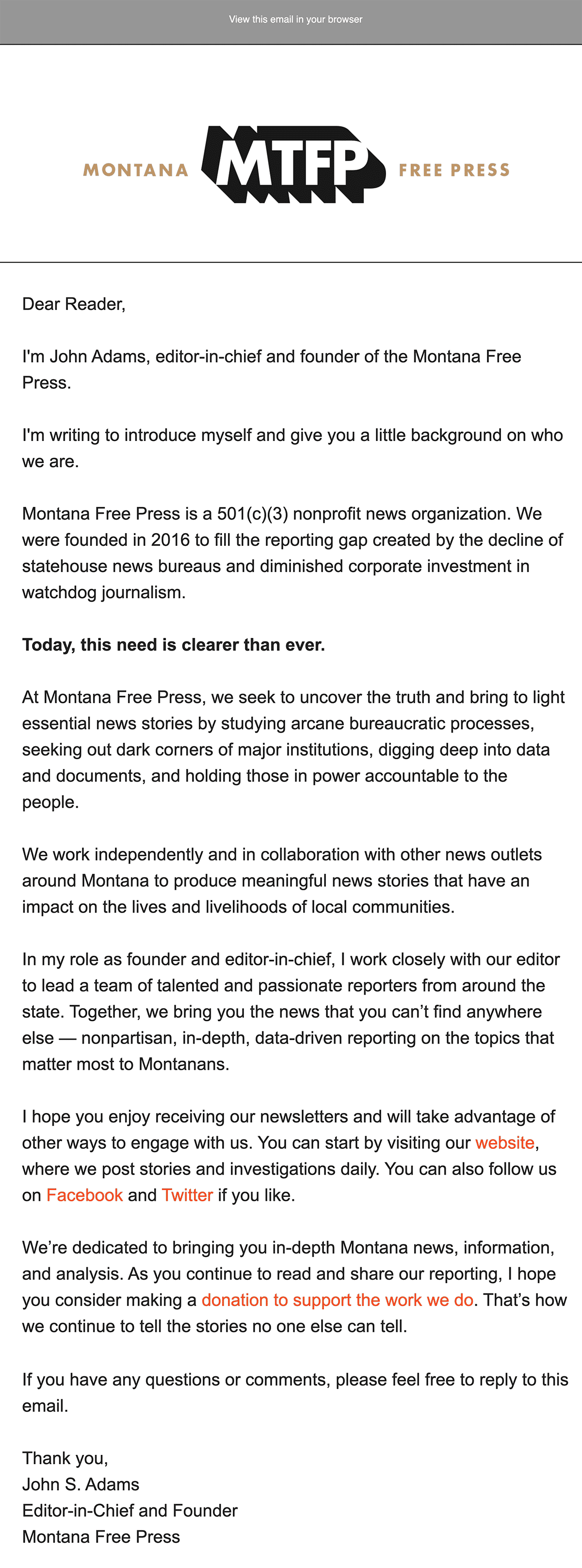 Montana Free Press Welcome Email 2022
