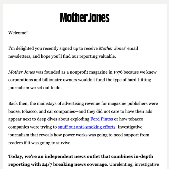 Mother Jones Welcome Email 2022