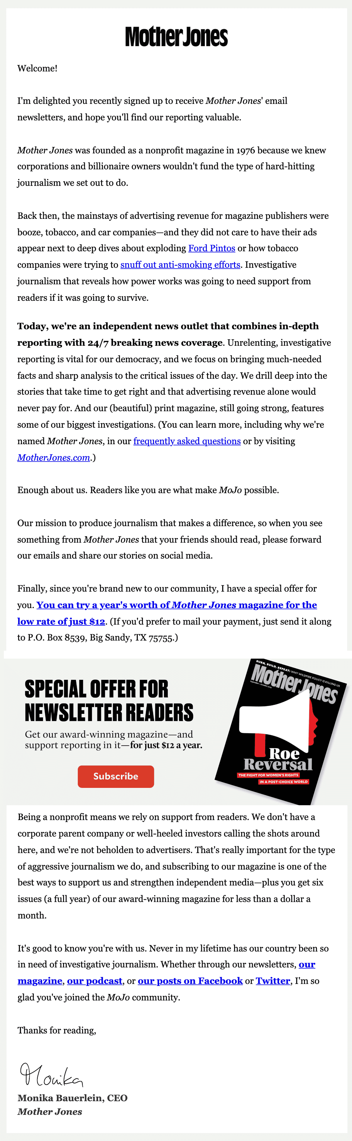 Mother Jones Welcome Email 2022