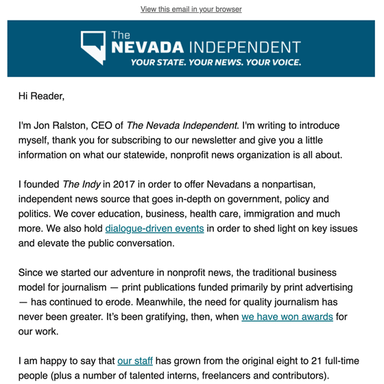 Nevada Independent Welcome Email 2022