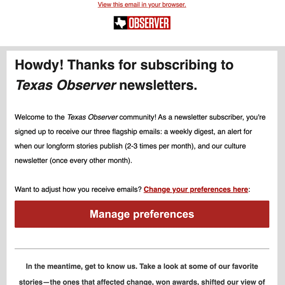 Texas Observer Welcome Email 2022