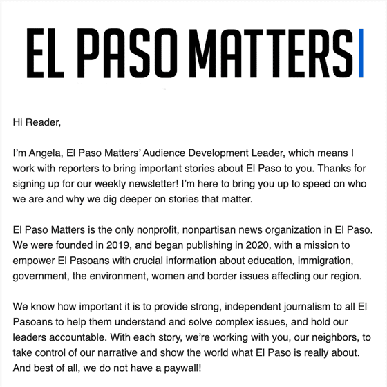 El Paso Matters Welcome Email 2022