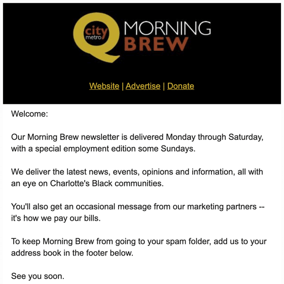 QCity Metro Morning Brew Welcome Email 2022