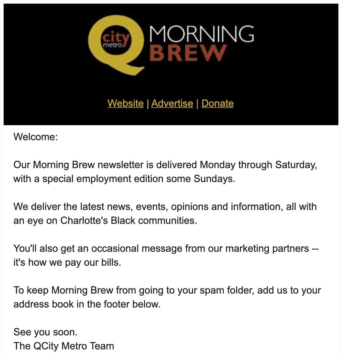 QCity Metro Morning Brew Welcome Email 2022