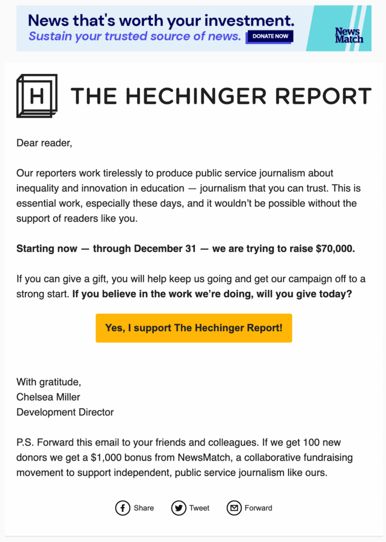 Hechinger Report Newsmatch 2022 email