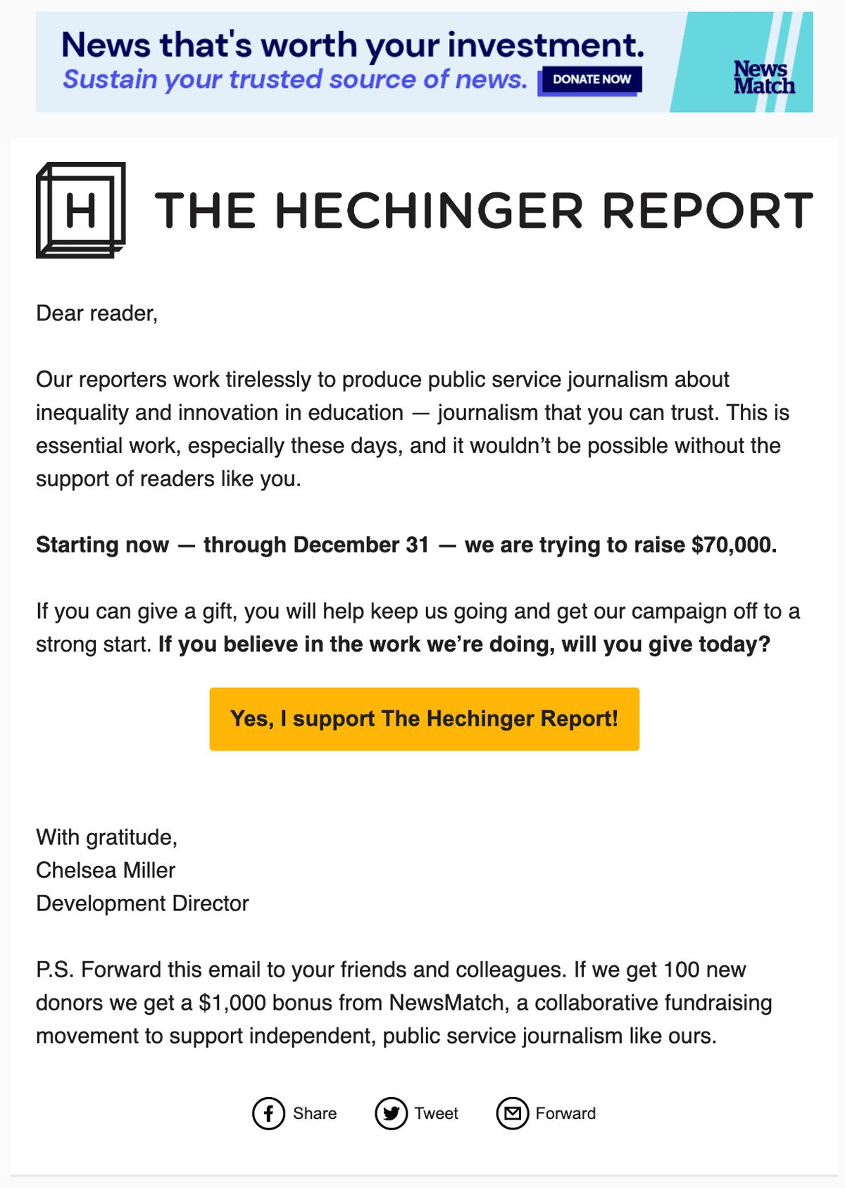 Hechinger Report NewsMatch Kick Off Email for 2022