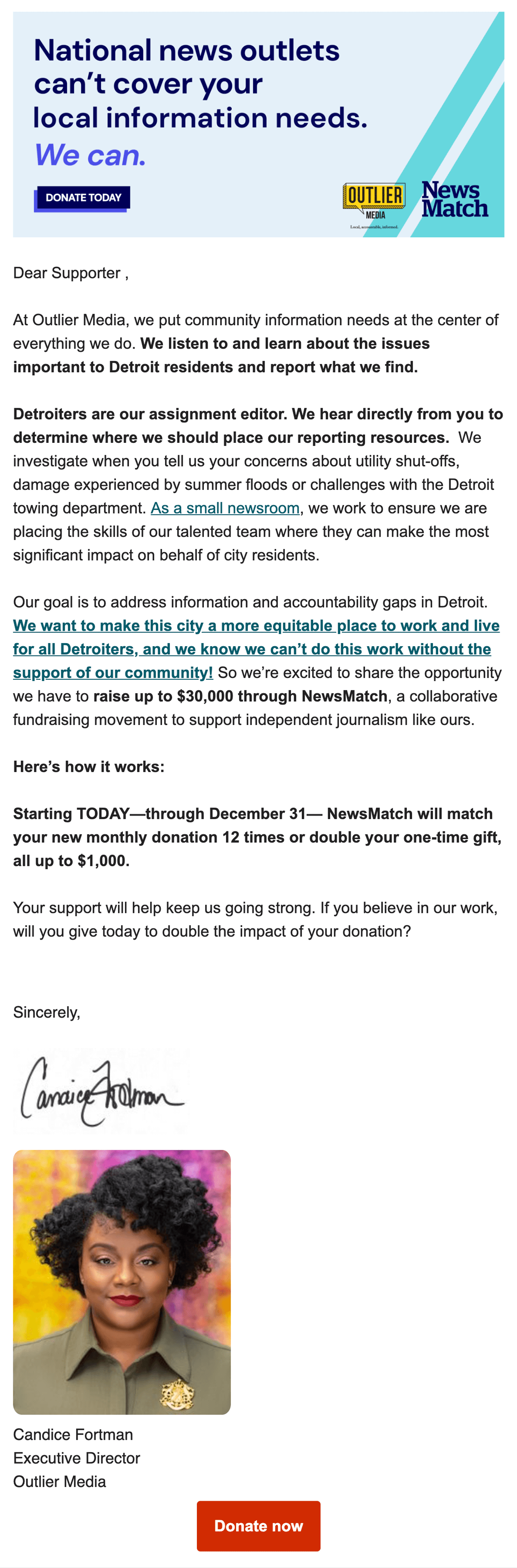 Outlier Media Newsmatch email for 2022