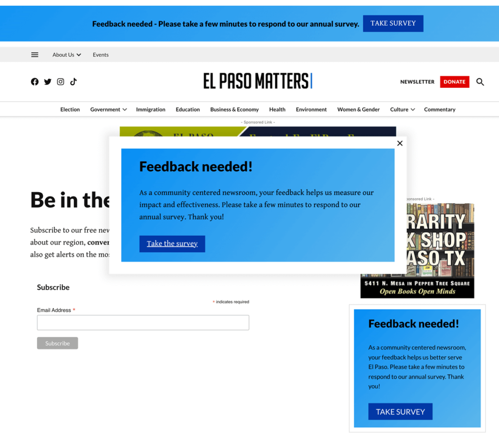 El Paso Matters newsletter landing page, obscured by pop-ups asking people to take a survey