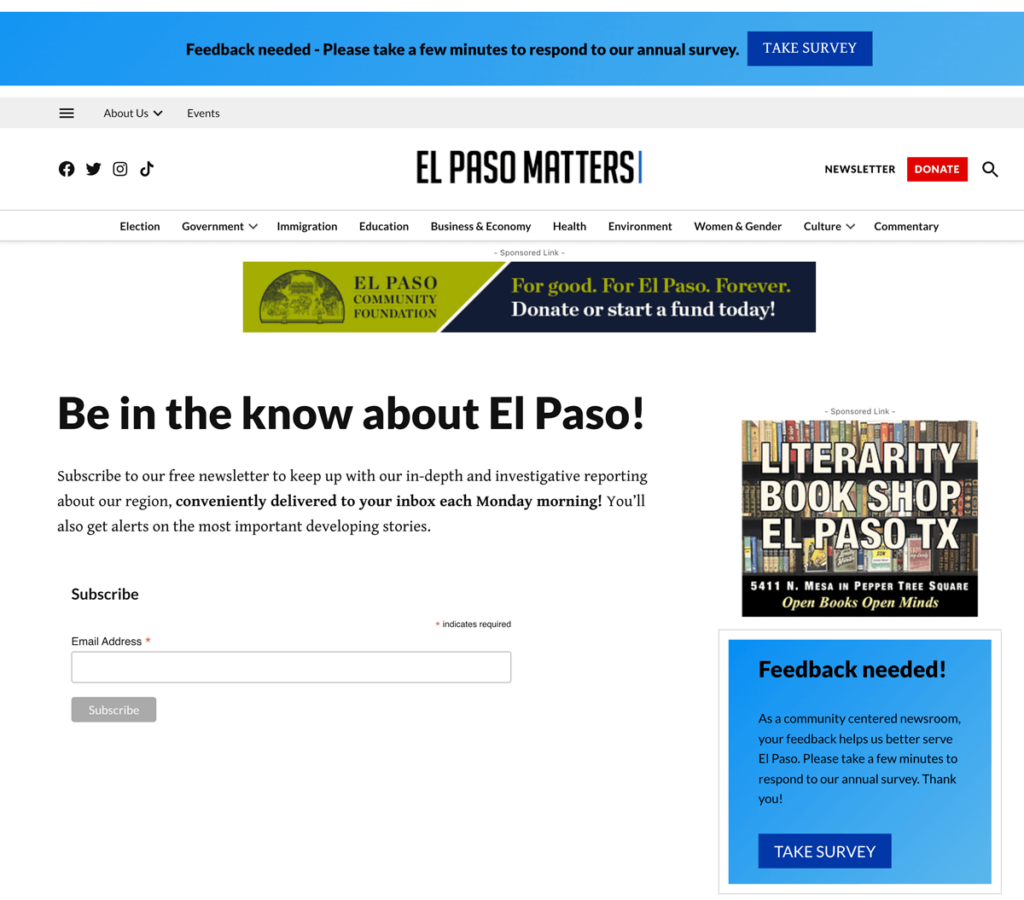El Paso Matters landing page after closing the pop-up