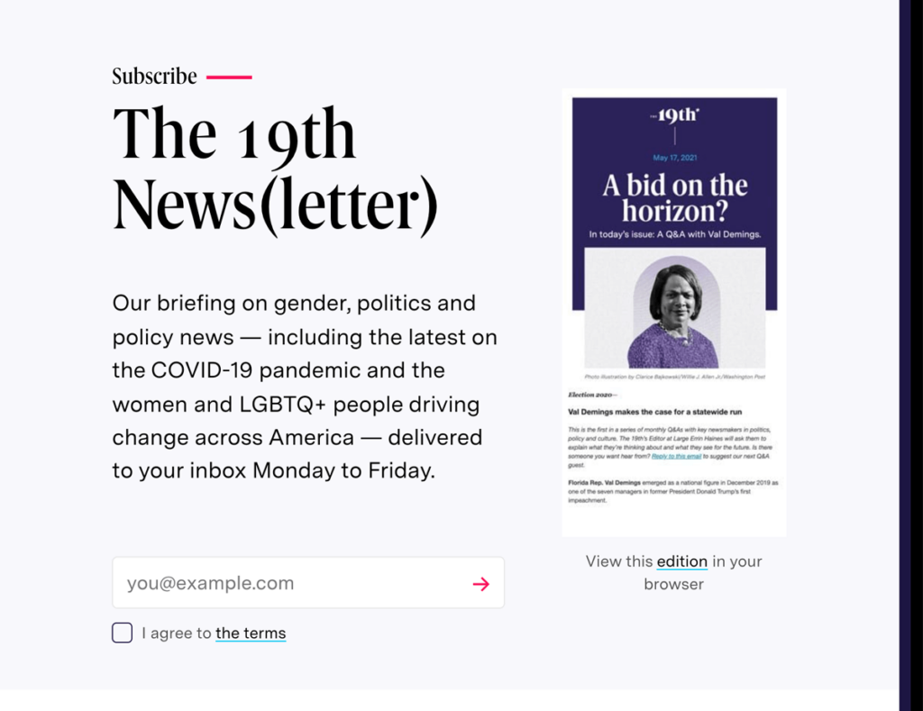 The 19th News newsletter landing page, cropped