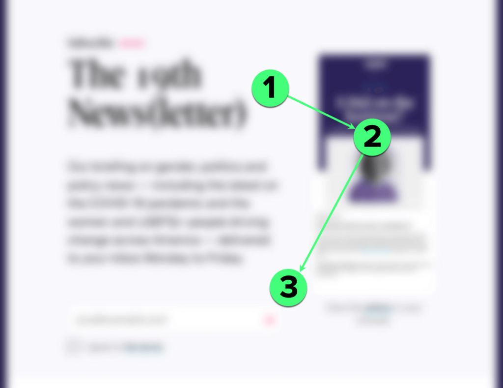 The 19th News landing page annotated with arrows to show how a reader's eye moves toward the signup button.