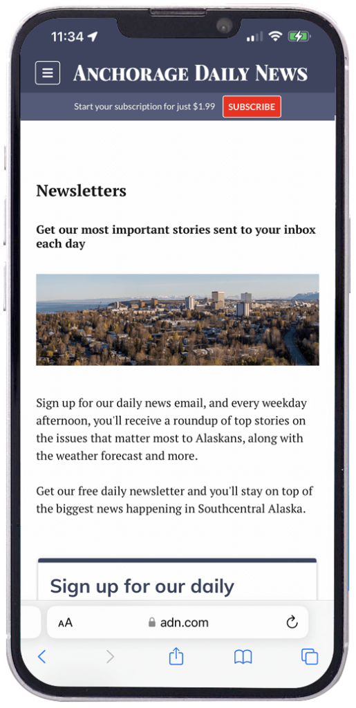 Anchorage Daily News landing page with all pop-ups closed.
