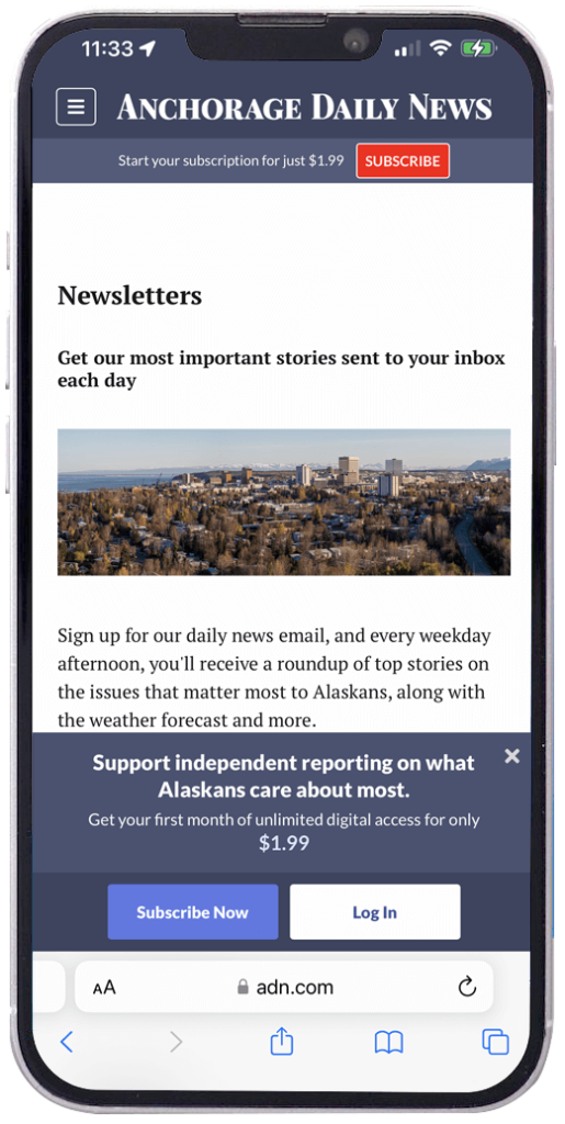 Anchorage Daily News landing page on mobile after the big pop-up is closed. There's still a banner at the bottom that obstructs the page.