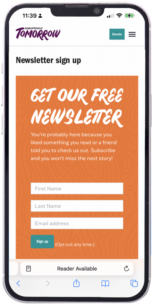Charlottesville Tomorrow newsletter landing page on mobile