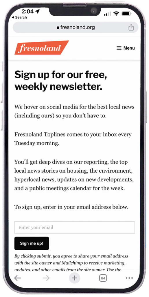 Fresnoland Newsletter signup page