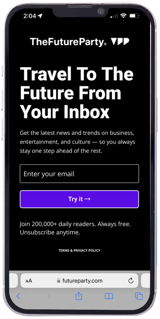 The Future Party newsletter landing page for mobile phones