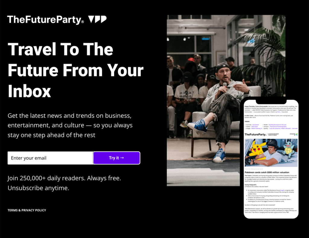 Redesigned Future Party landing page with a white email address field rather than black.