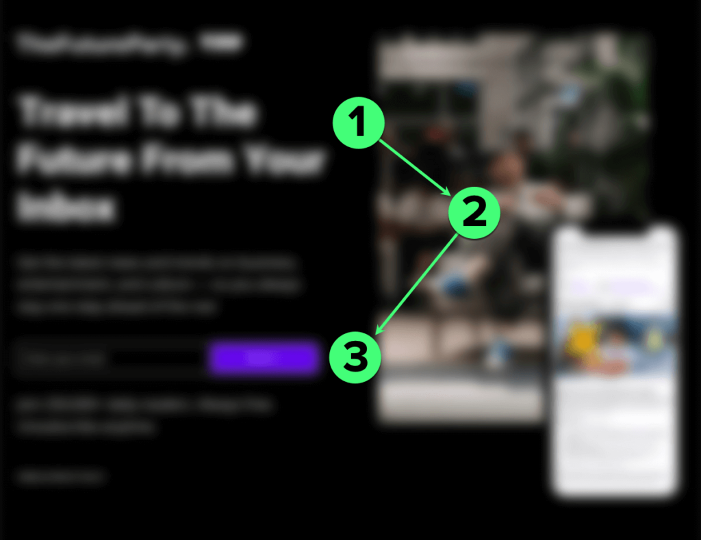 The Future Party landing page annotated with arrows to show how a reader's eye moves toward the signup button.