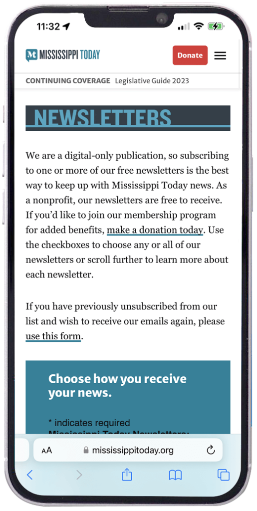 MIssissippi Today newsletter landing page on mobile device
