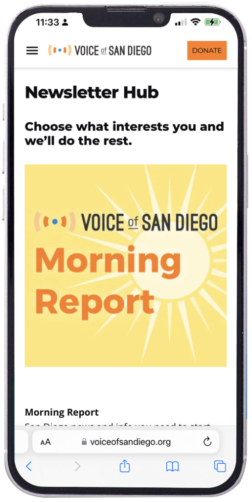 Voice of San Diego newsletter landing page on mobile device