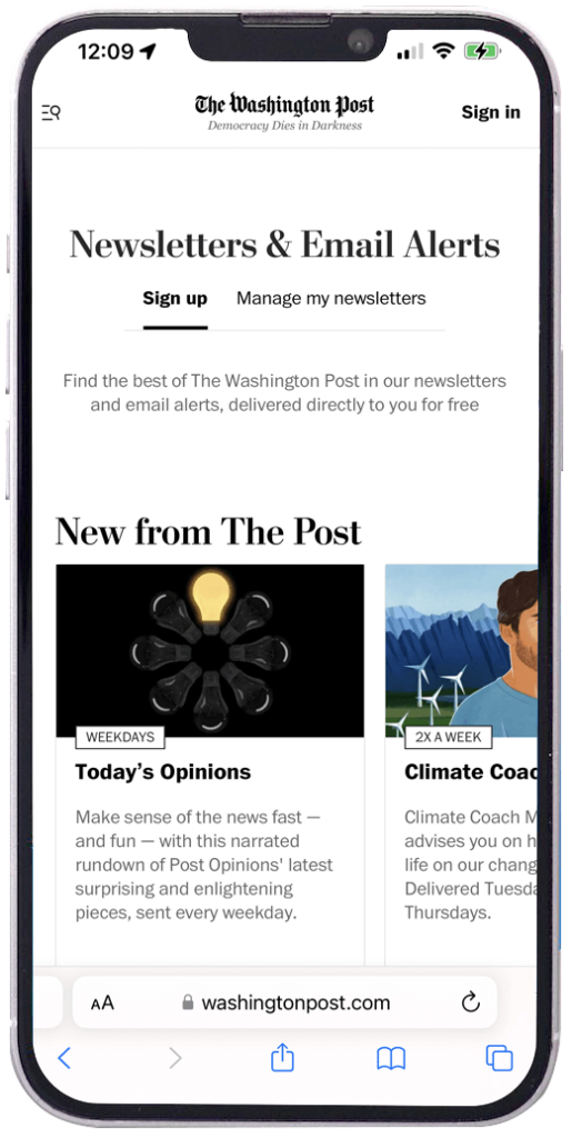 Voice of San Diego newsletter landing page on mobile device