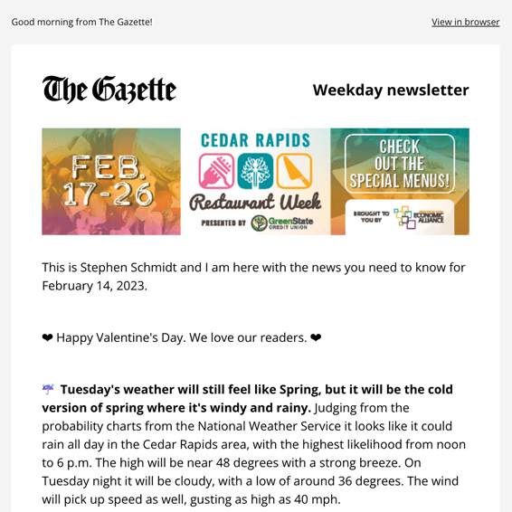 Cedar Rapids Gazette Daily Newsletter February 2023