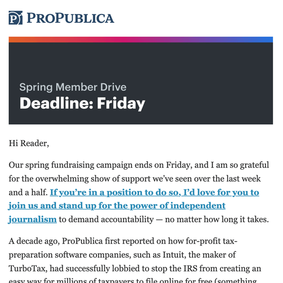ProPublica Turbo Tax Fundraising Email 2023