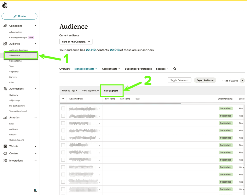 Mailchimp Audience dashboard with two highlights: 1. In the left menu, "All Contacts" is noted. 2. Above the table of contact records, "New Segment" is highlighted. To create a new segment, you can navigate to All Contacts then click New Segment to define the conditions of your segment.