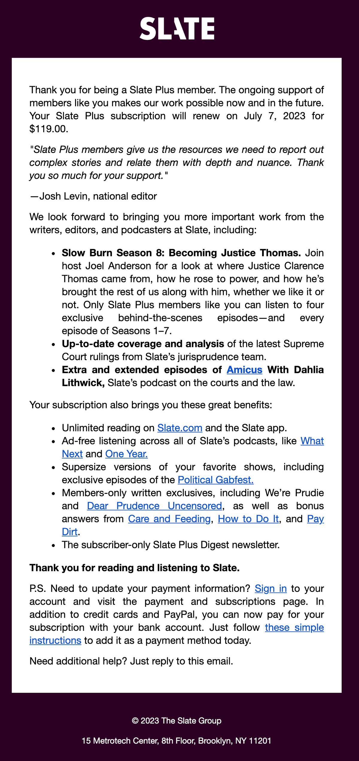 Slate Plus Renewal Email 2023