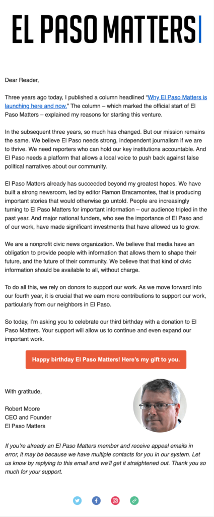 El Paso Matters Birthday Email 2023