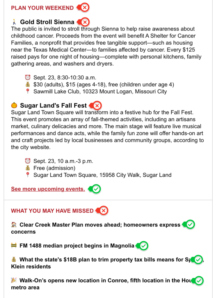 Annotated Community Impact Newsletter showing inconsistency in link text